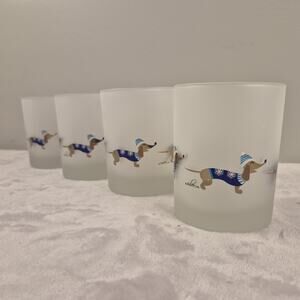 Set of 4 Culver Frosted Glass Dachshund Tumblers Winter Sweater Dog Barware